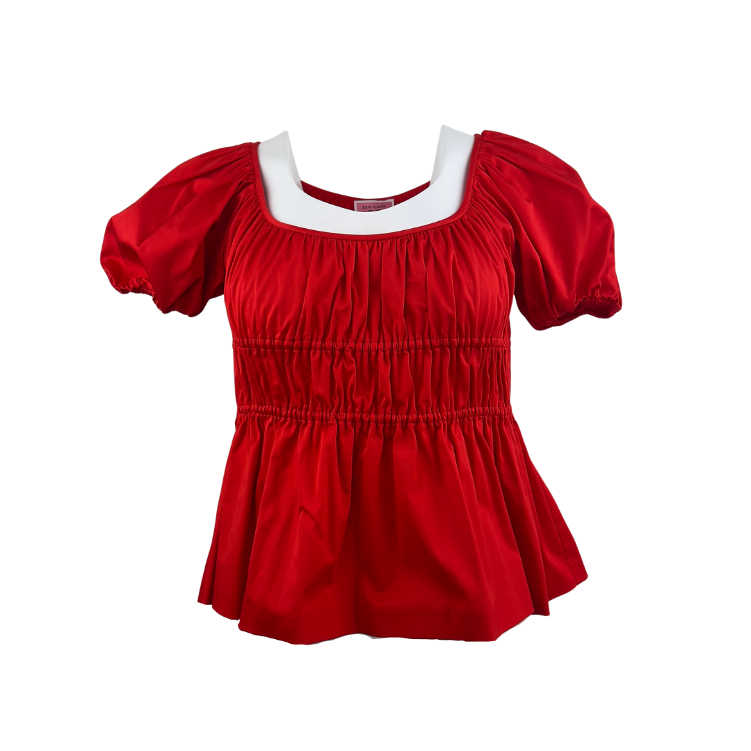 Kate Spade Short Sleeve Red Rouched Cotton Top