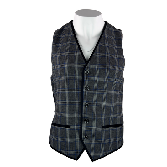 Le Chateau Grey and Blue Plaid Vest with Black Trim
