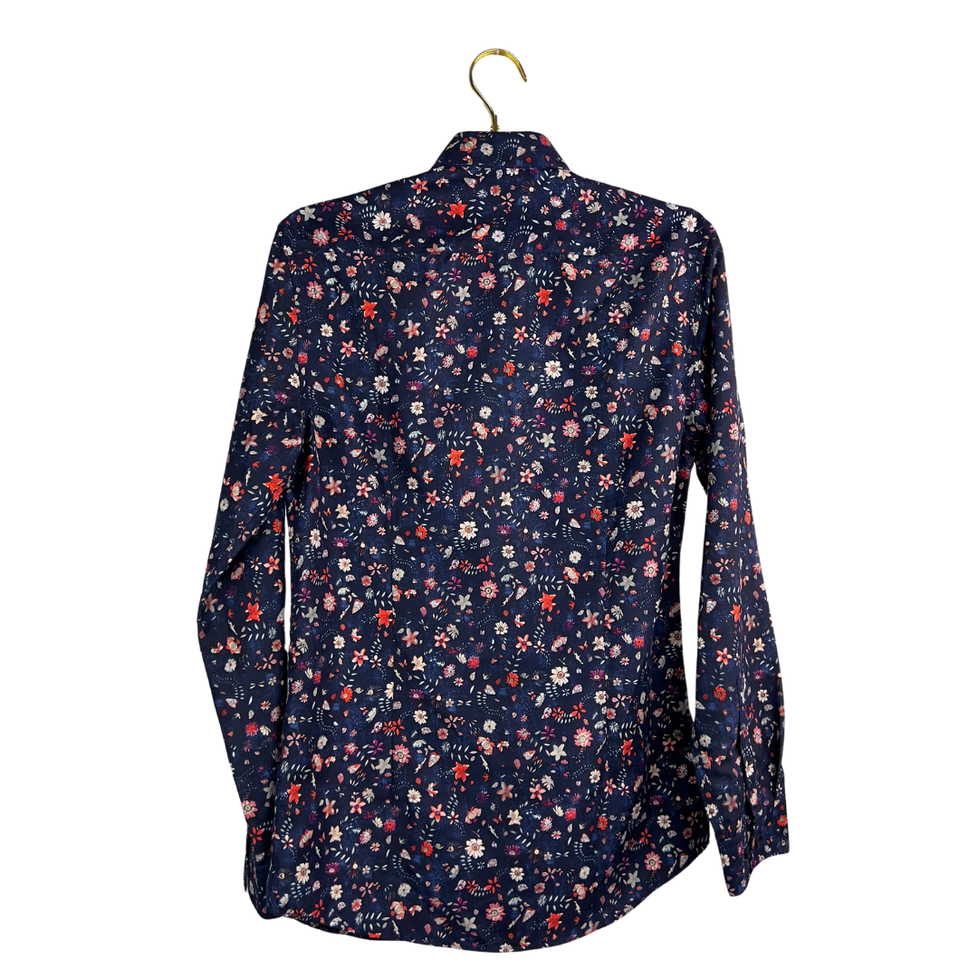 Le Chateau Navy and Red Floral Print Dress Shirt XS