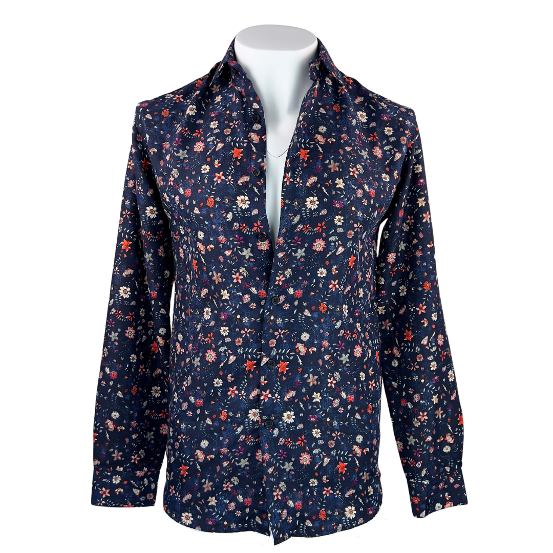 Le Chateau Navy and Red Floral Print Dress Shirt XS