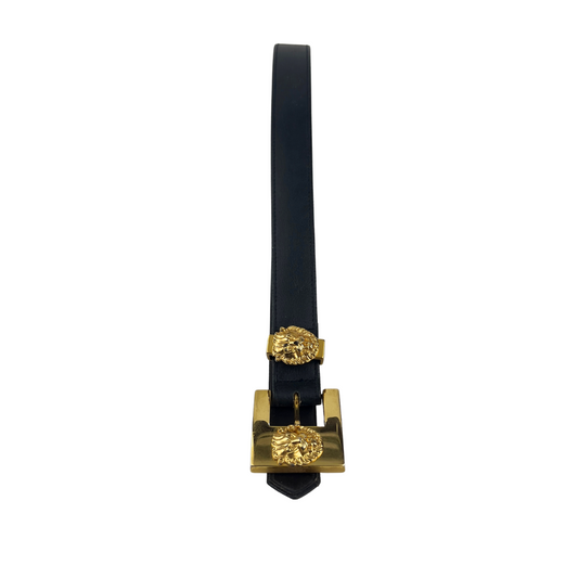 Black Leather Belt with Gold Lion Buckle