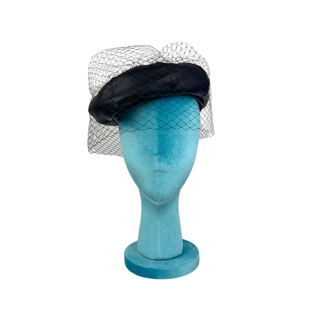 Faux Leather Beret with Face Netting