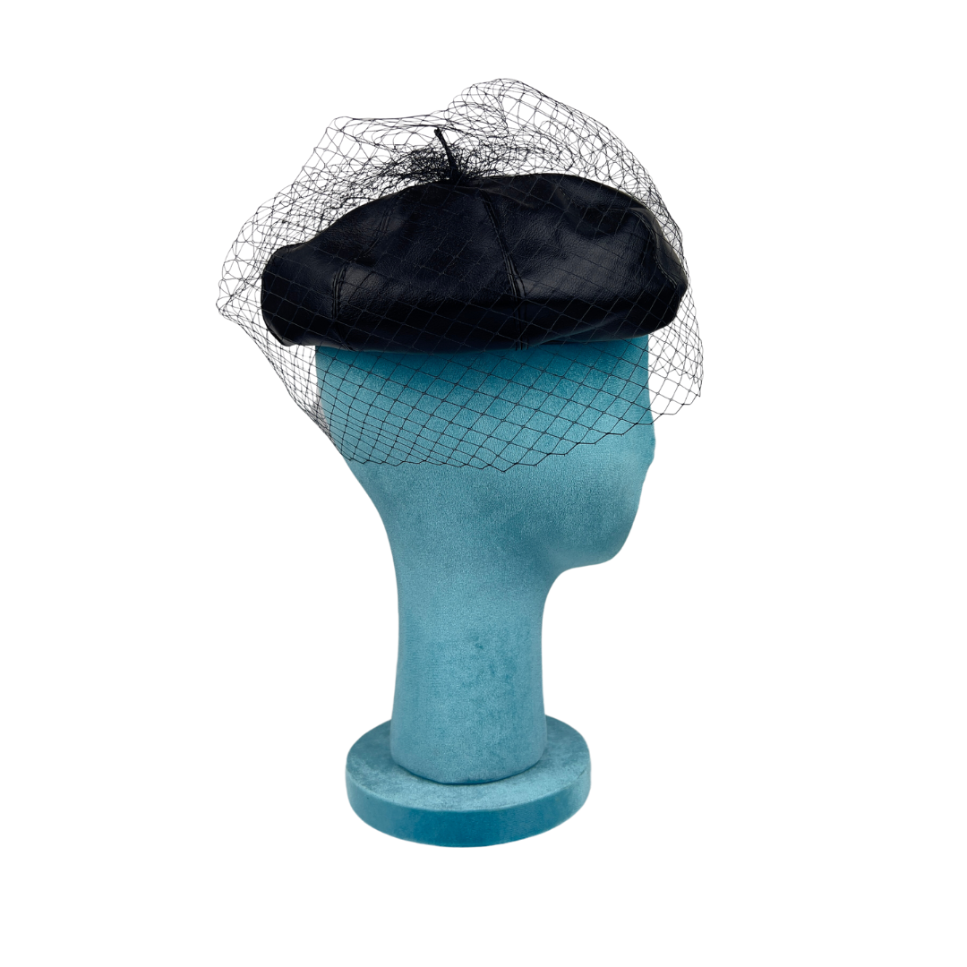Faux Leather Beret with Face Netting