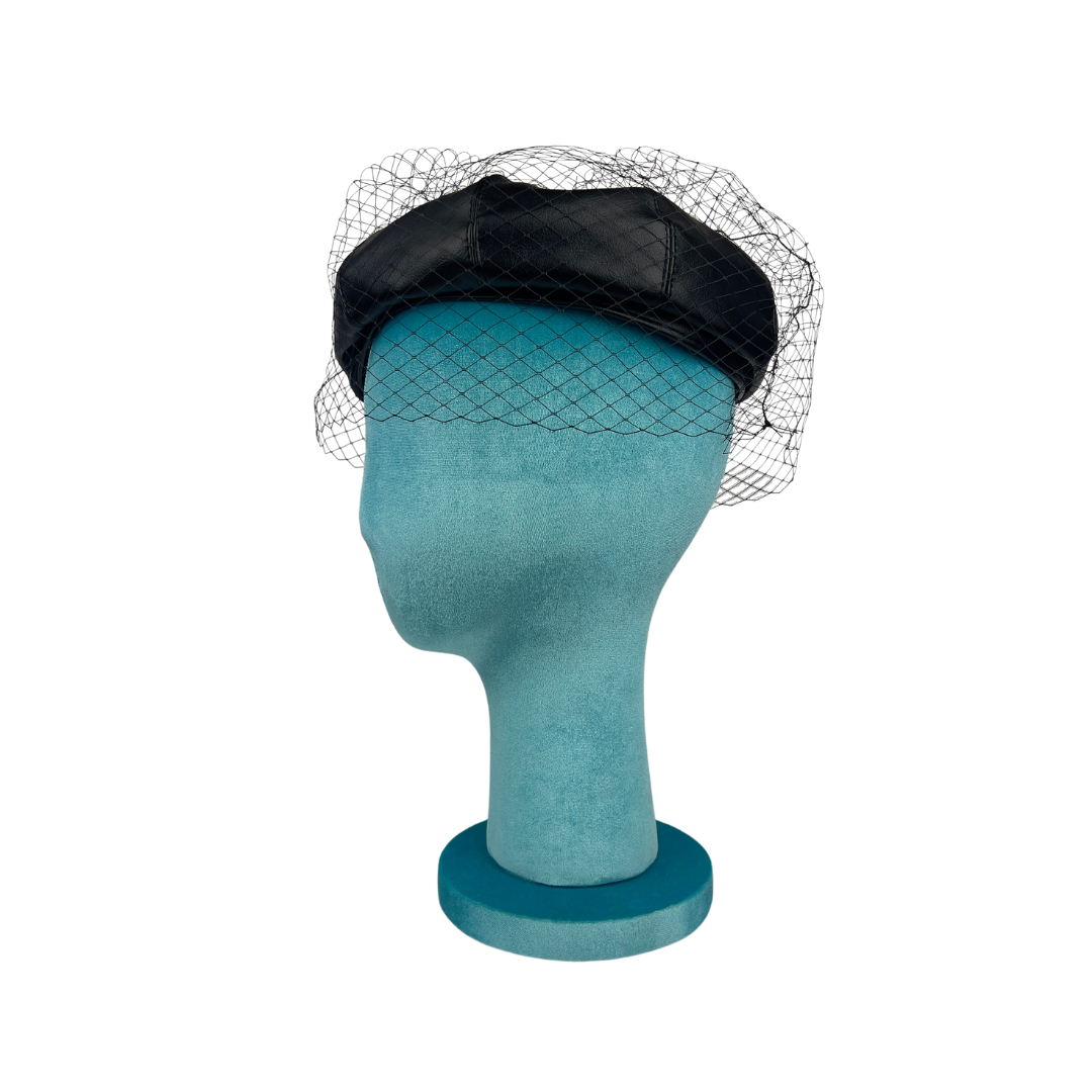 Faux Leather Beret with Face Netting