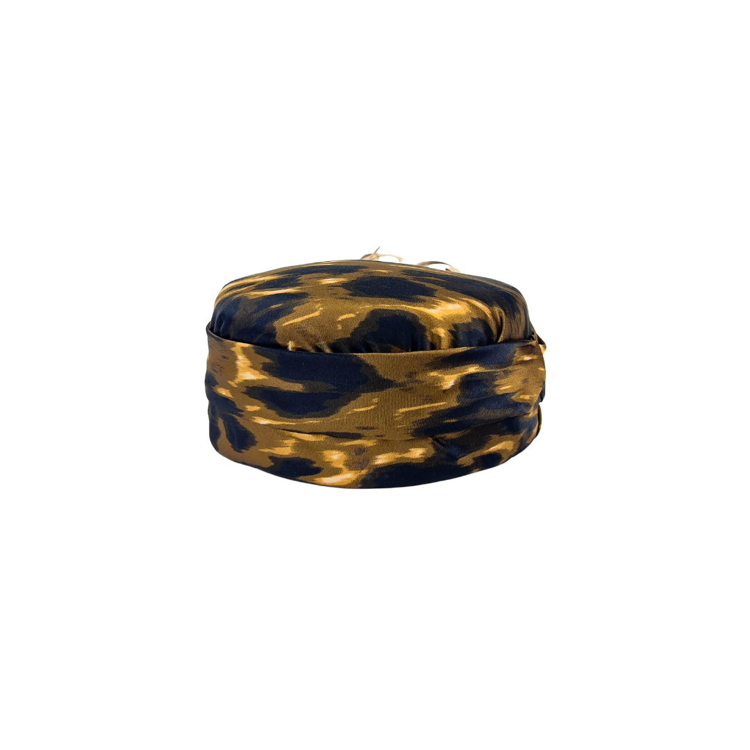 Vintage Leopard Satin Pillbox Hat with Feather