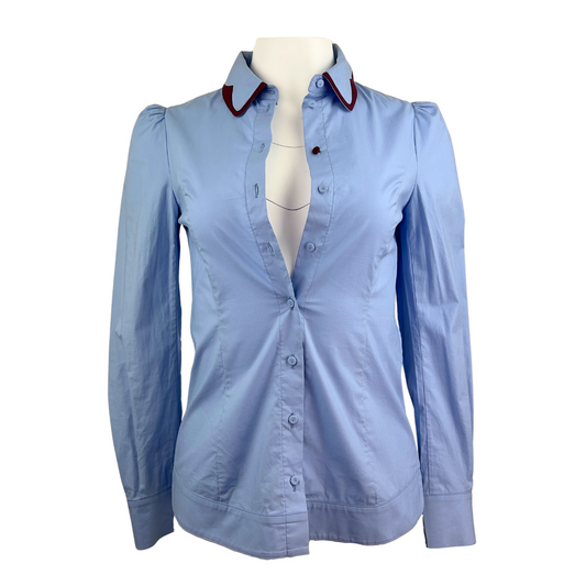 Light Blue Dress Shirt with Gathered Shoulder and Burgundy Trim on Collar