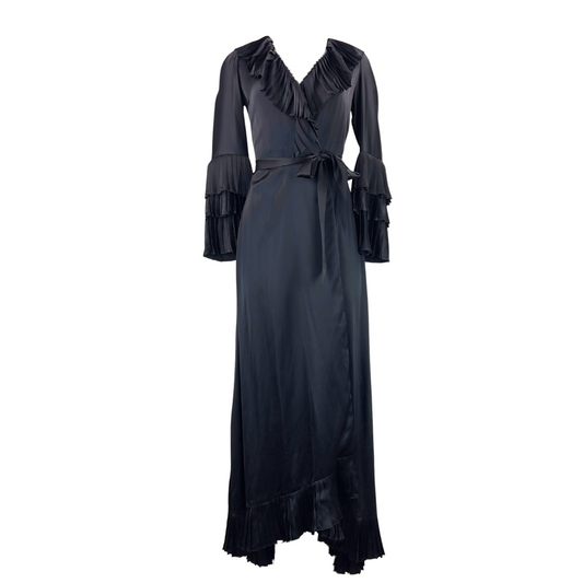 Full Length Black Satin Dressing Gown with Three Tier Ruffles on Cuffs