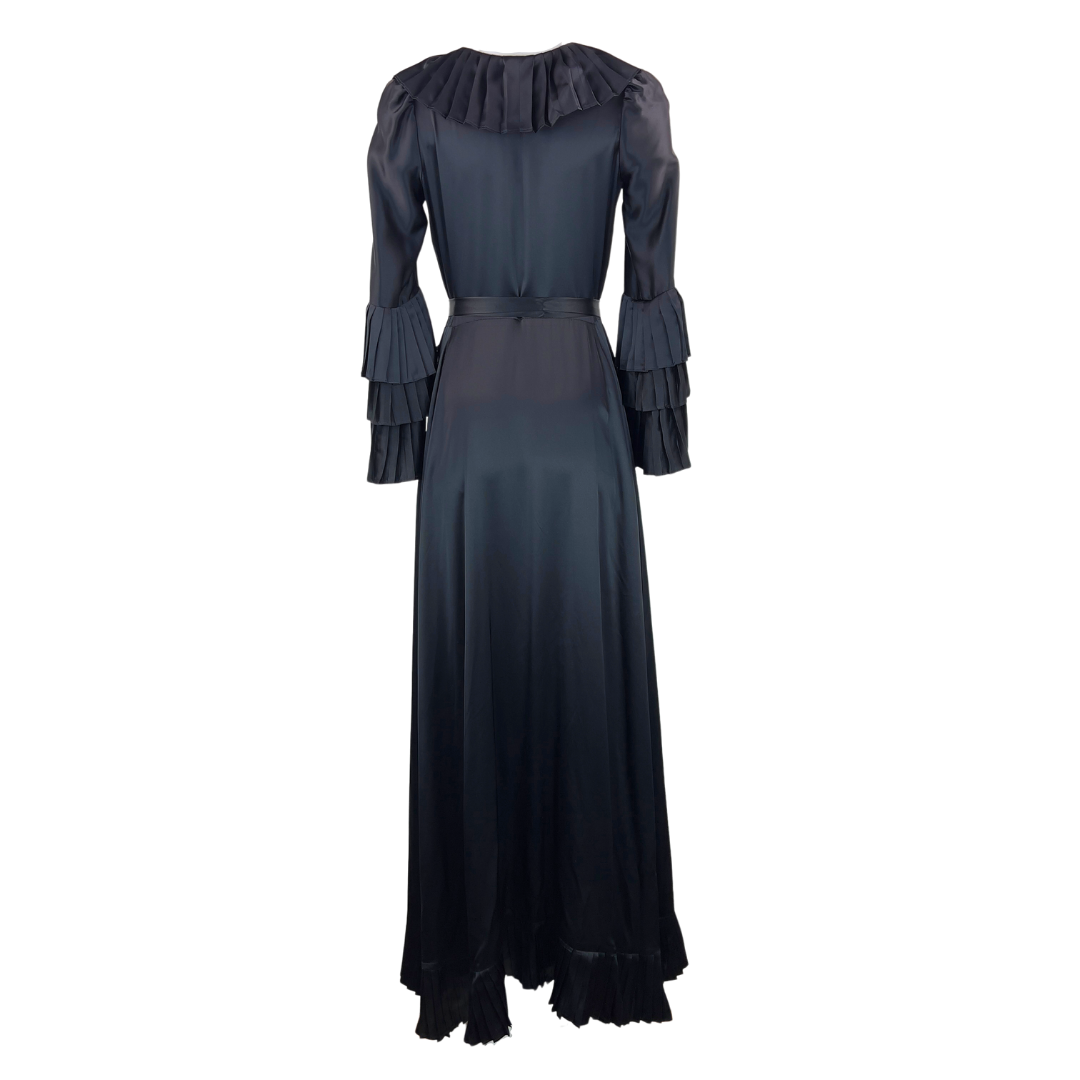 Full Length Black Satin Dressing Gown with Three Tier Ruffles on Cuffs