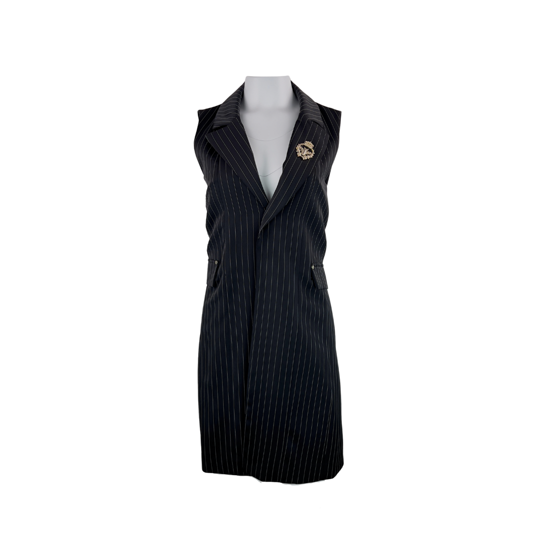 Long Black Vest with Pinstripes and Brooch