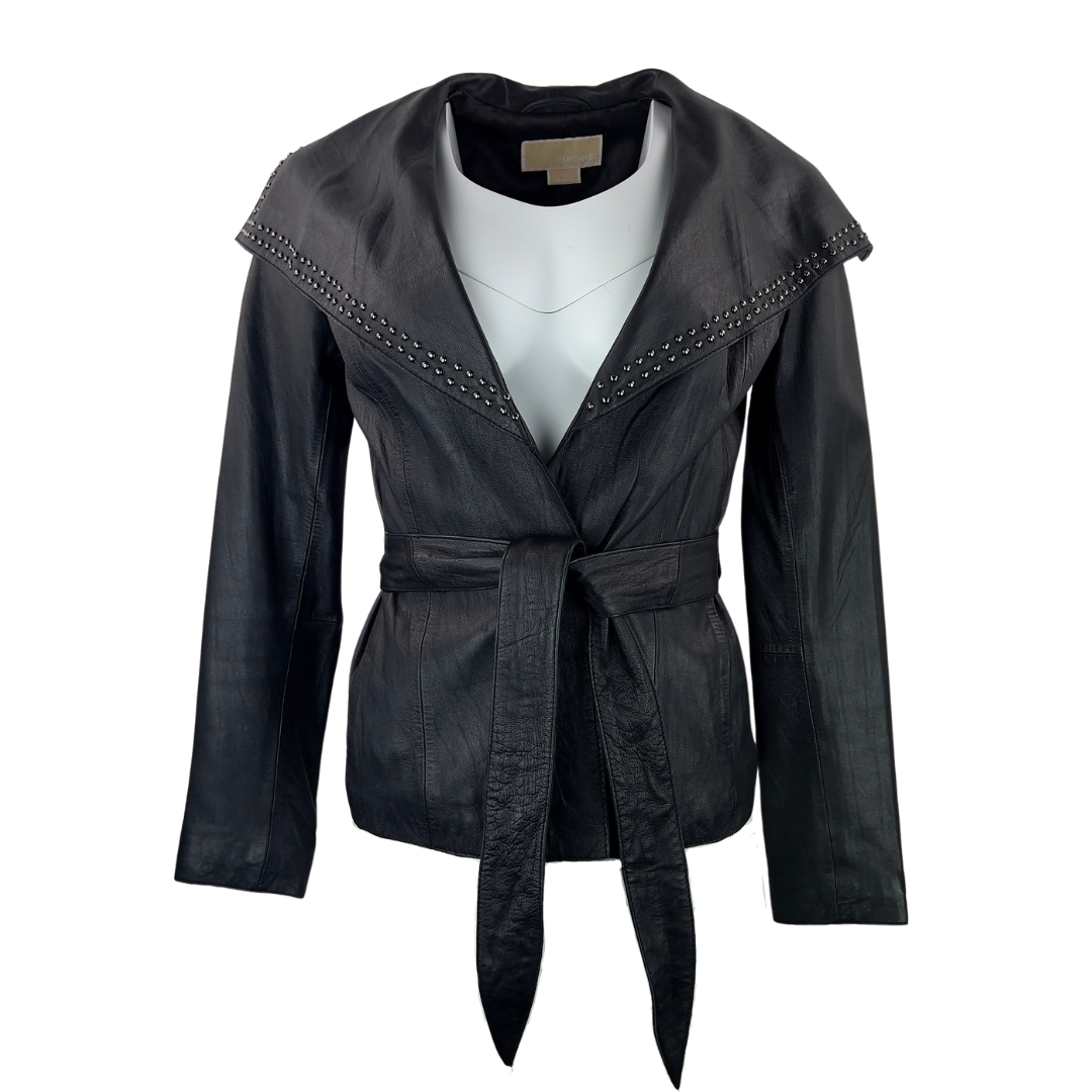 MK by Michael Kors Wrap Black Leather Jacket with Studded Shawl Collar