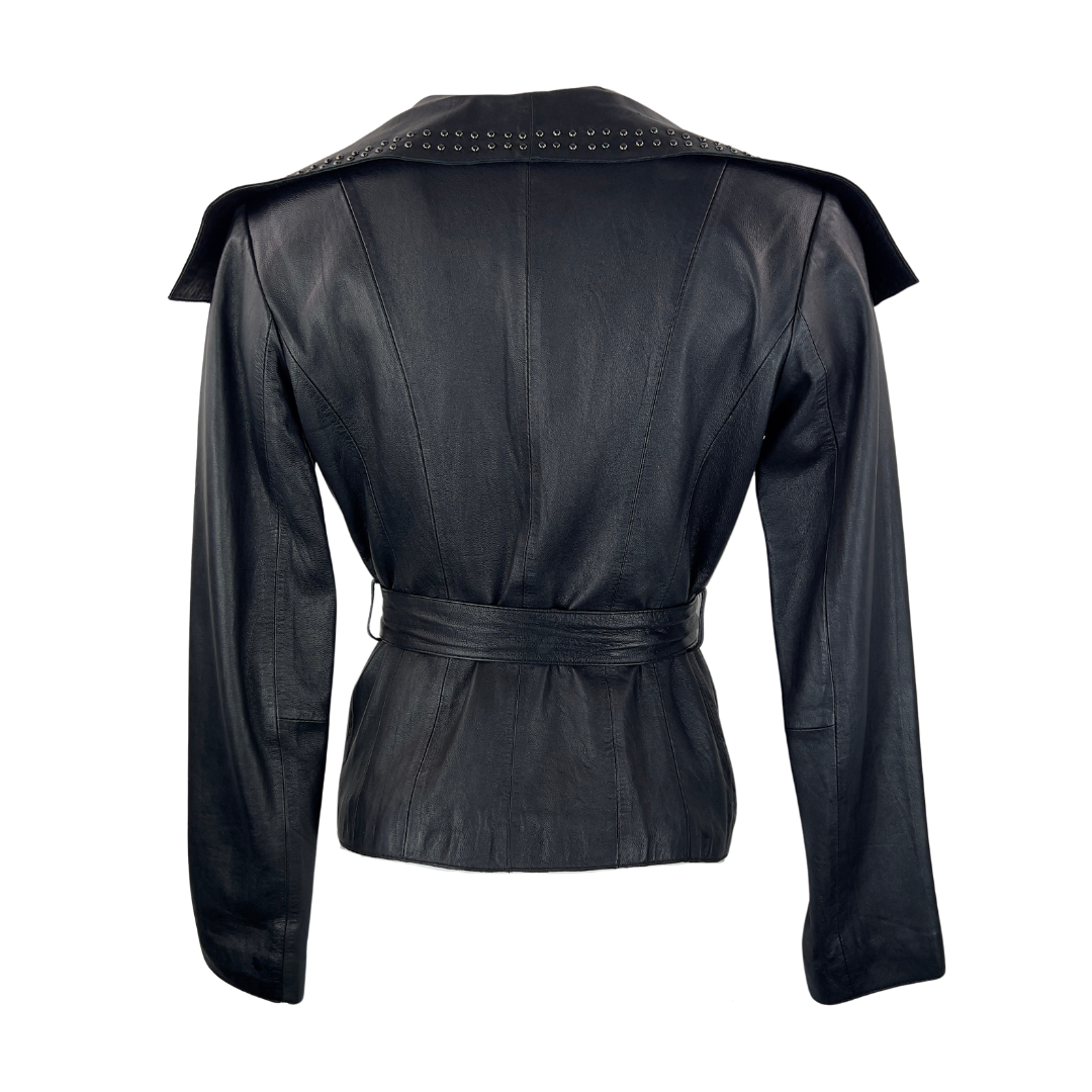 MK by Michael Kors Wrap Black Leather Jacket with Studded Shawl Collar