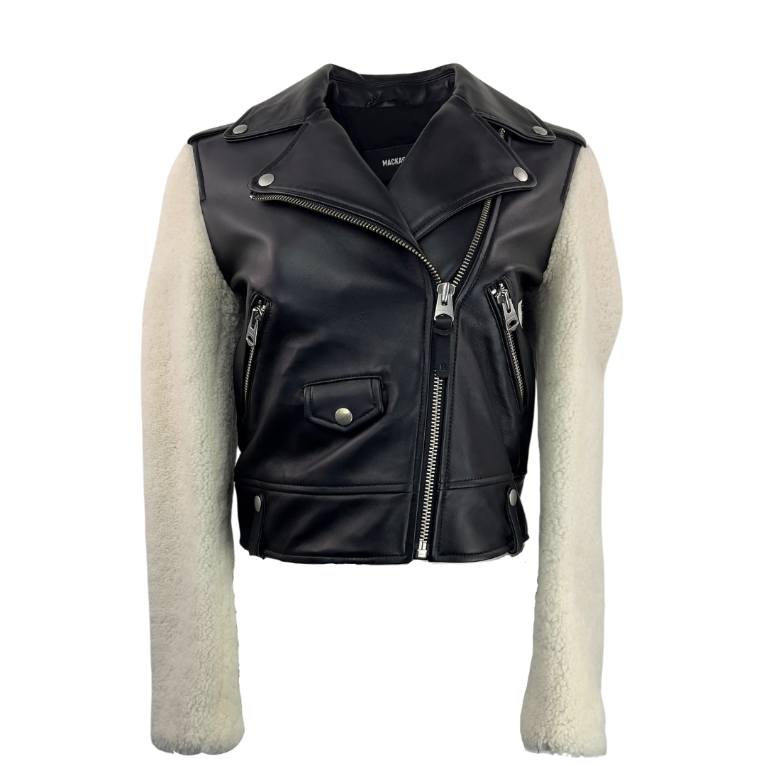 Mackage Black Leather Biker Jacket with Beige Shearling Sleeves