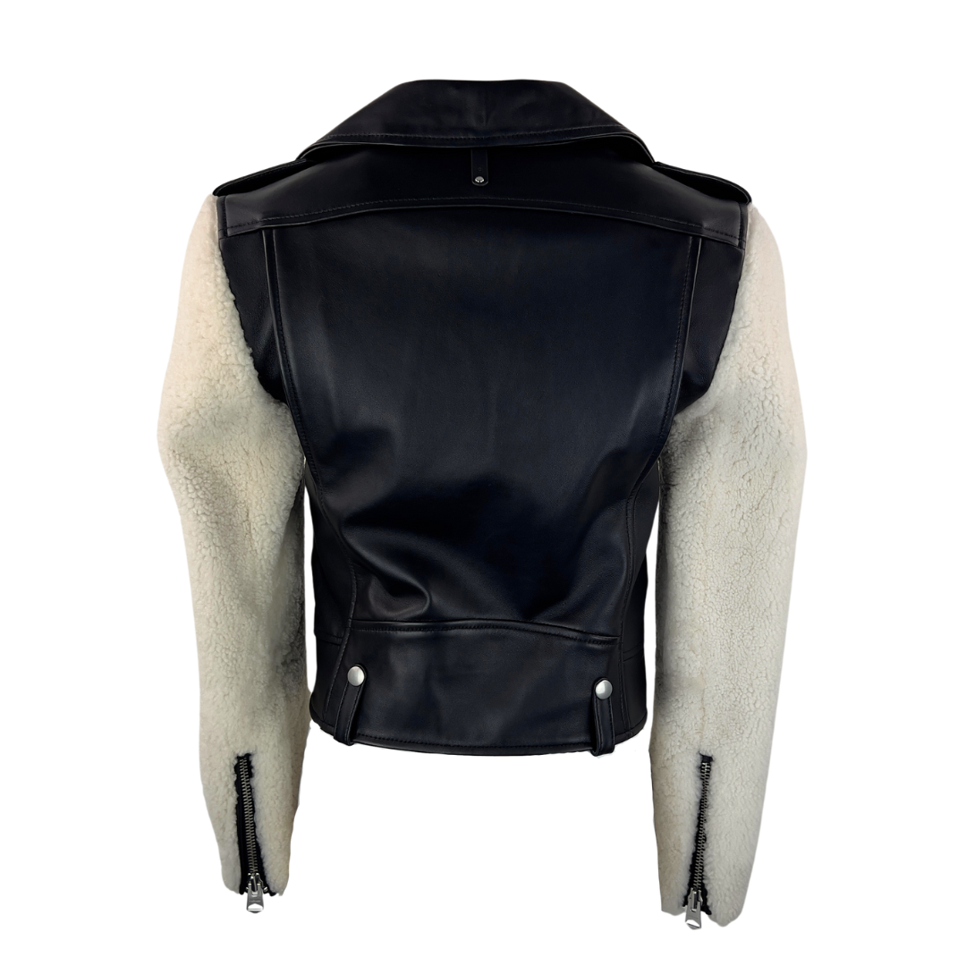 Mackage Black Leather Biker Jacket with Beige Shearling Sleeves