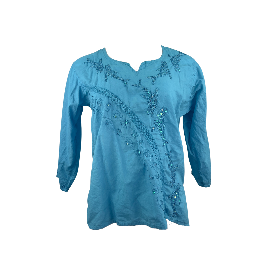 Made in India Blue Cotton V Neck Top with Beading