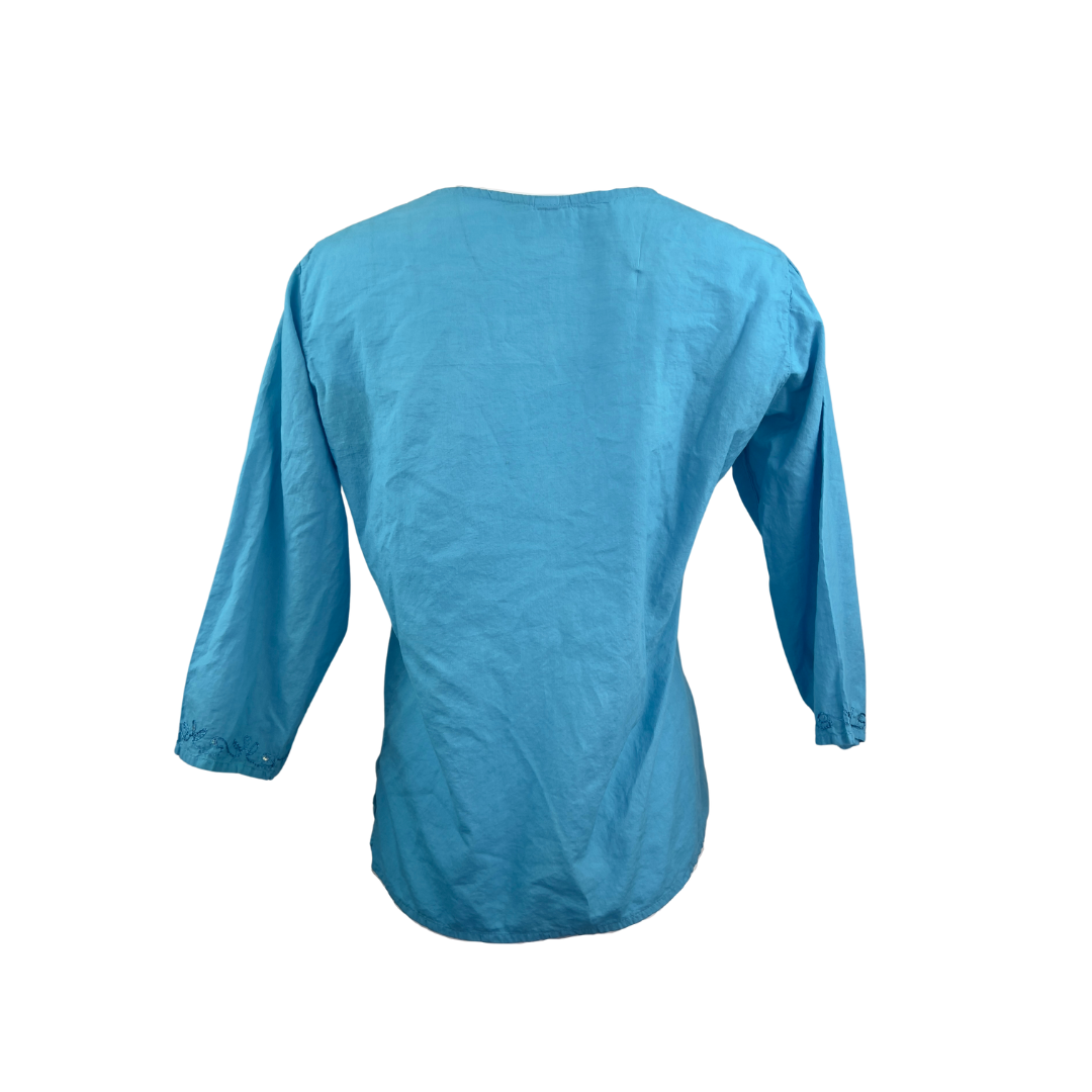 Made in India Blue Cotton V Neck Top with Beading
