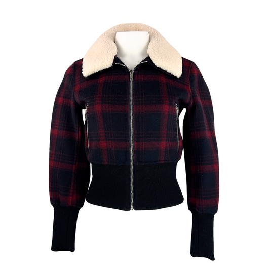 Maje Short Wool Plaid Jacket with Shearling Collar