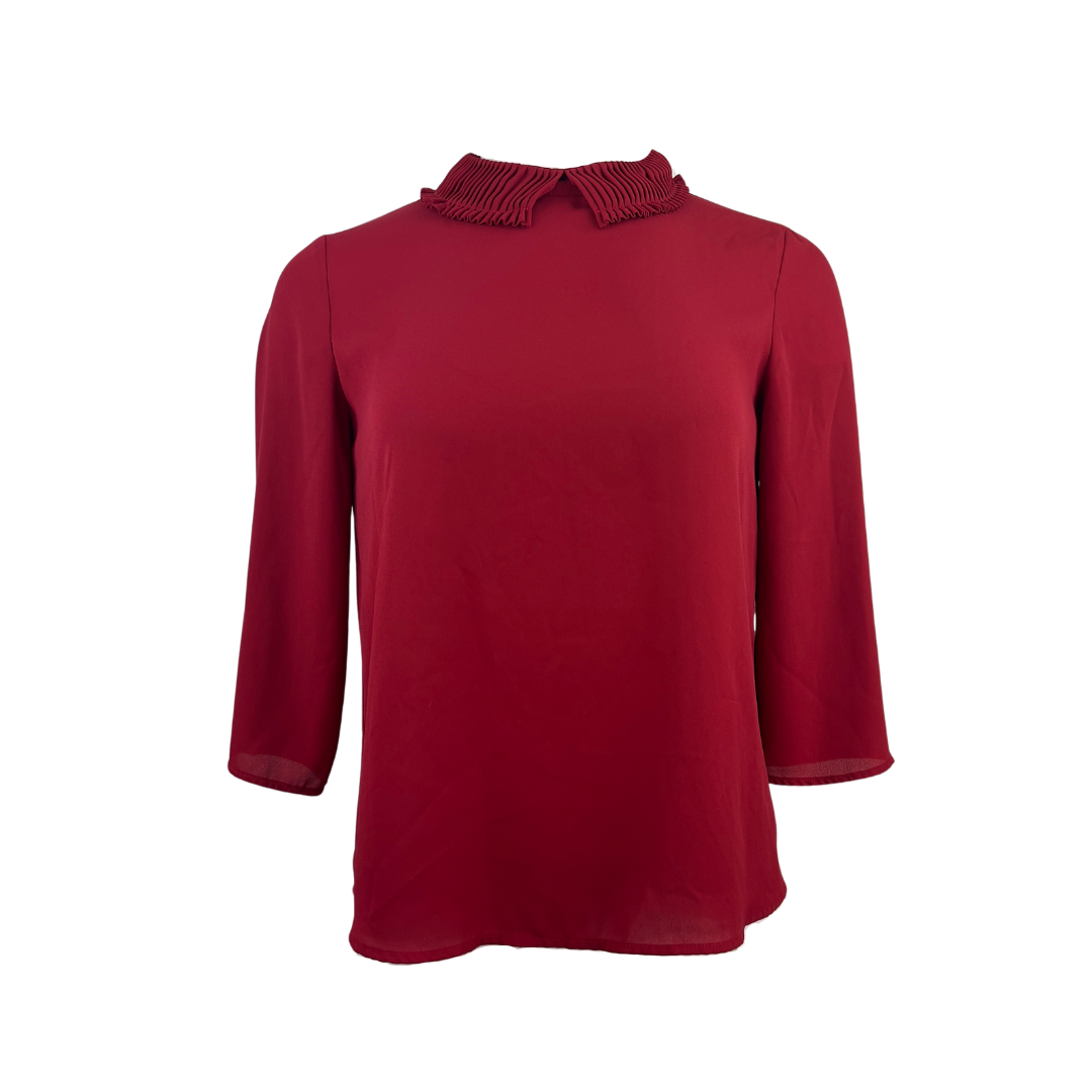 Mango Red 3/4 Sleeve Blouse with Smocked Collar