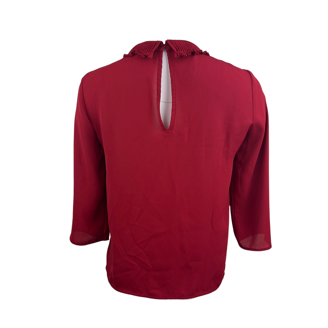 Mango Red 3/4 Sleeve Blouse with Smocked Collar