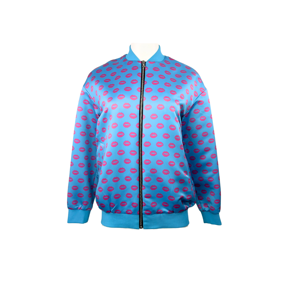 Markus Lupfer Blue Satin Bomber with Lip Print