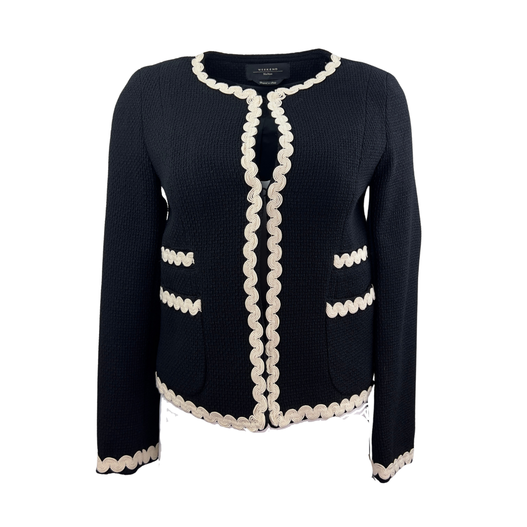 Max Mara Weekend Blazer in Black Textured Wool with Cream Squiggle Trim