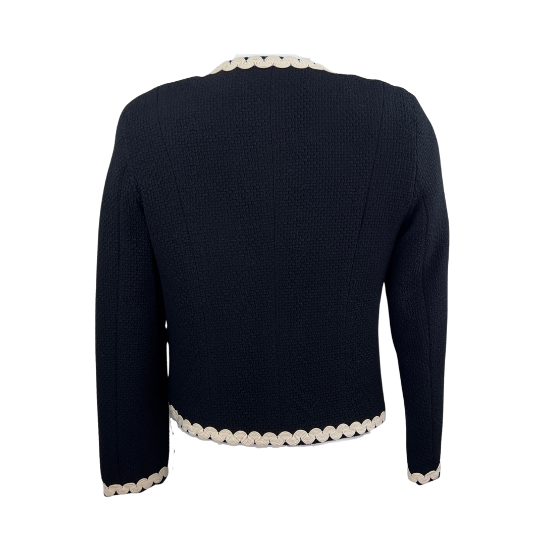 Max Mara Weekend Blazer in Black Textured Wool with Cream Squiggle Trim