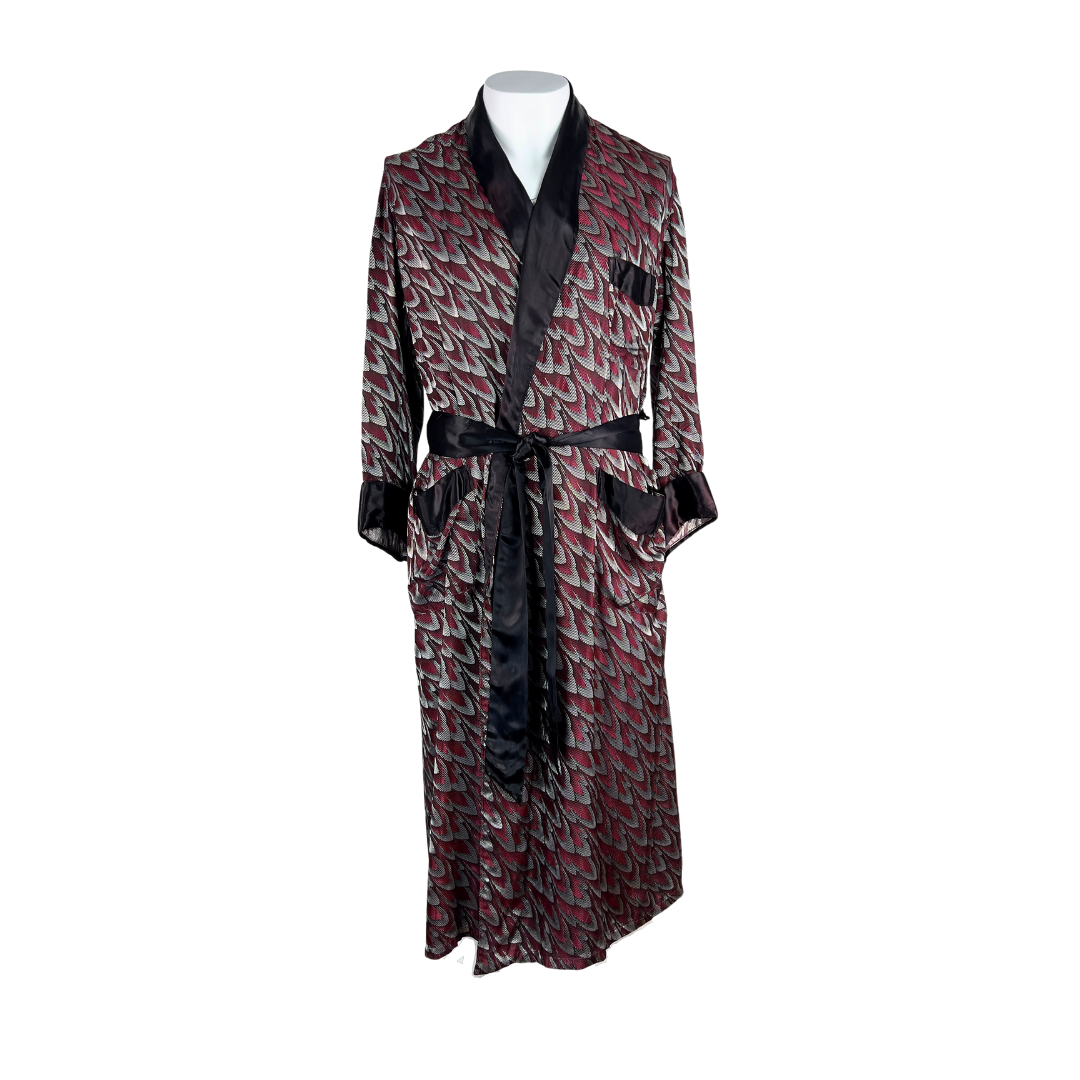 Vintage Men's Smoking Jacket Robe in Silver and Burgundy Jacquard