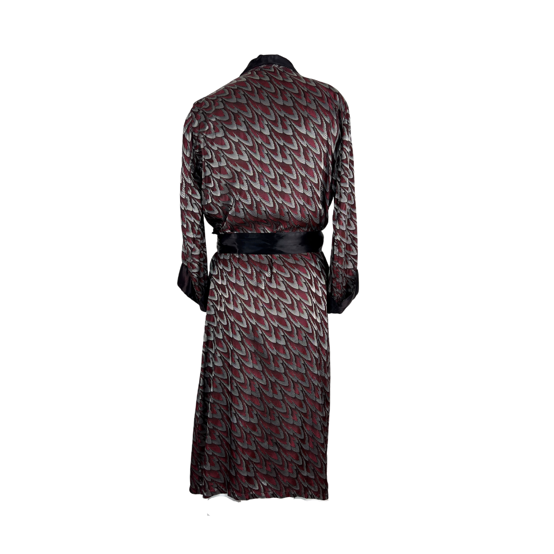 Vintage Men's Smoking Jacket Robe in Silver and Burgundy Jacquard
