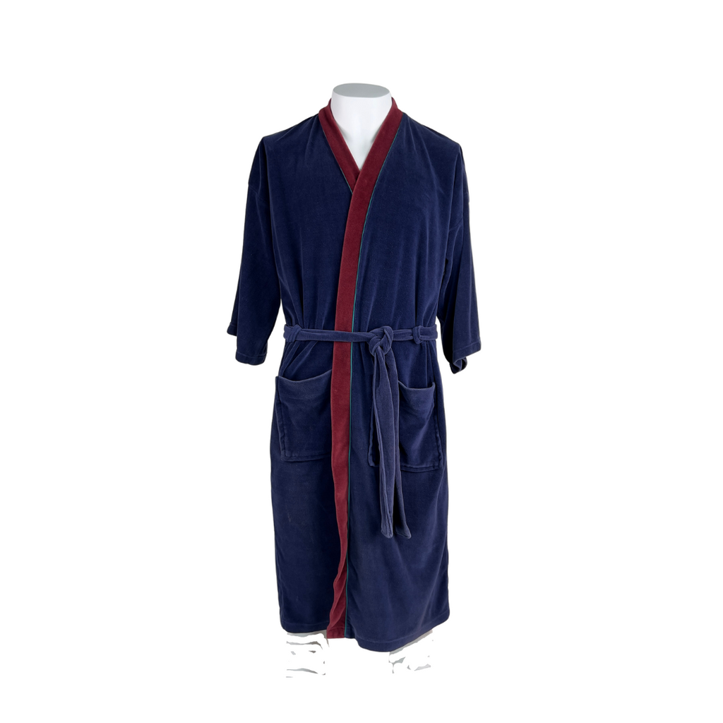 Men's Navy Velour Short Robe with Burg Trim and Green Piping