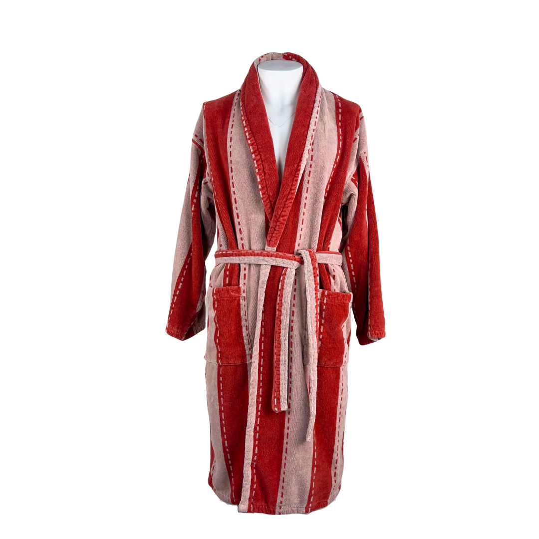 Mens Orange Striped Velour Bathrobe