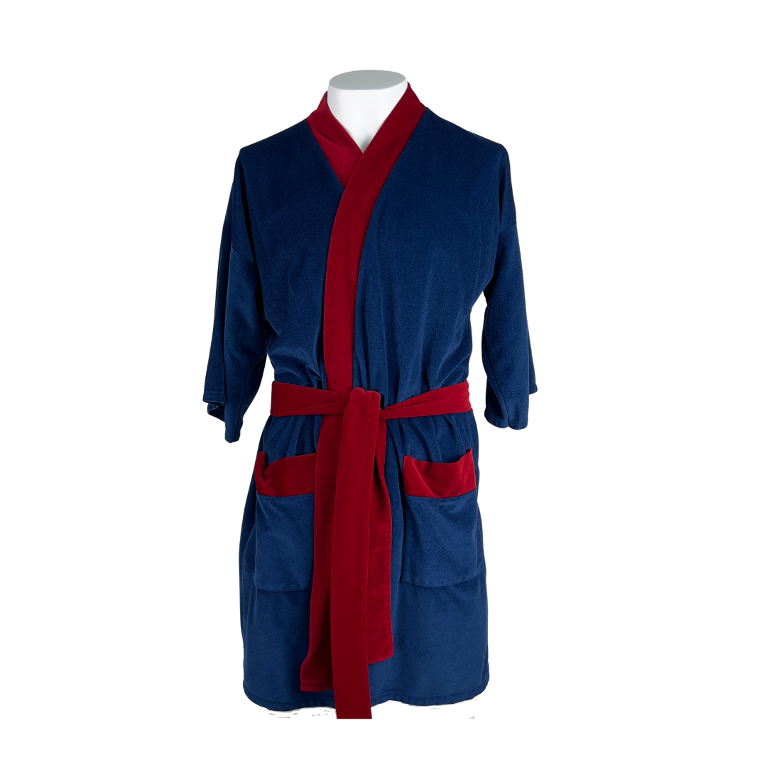 Men's Navy Velour Short Robe with Burgundy Trim