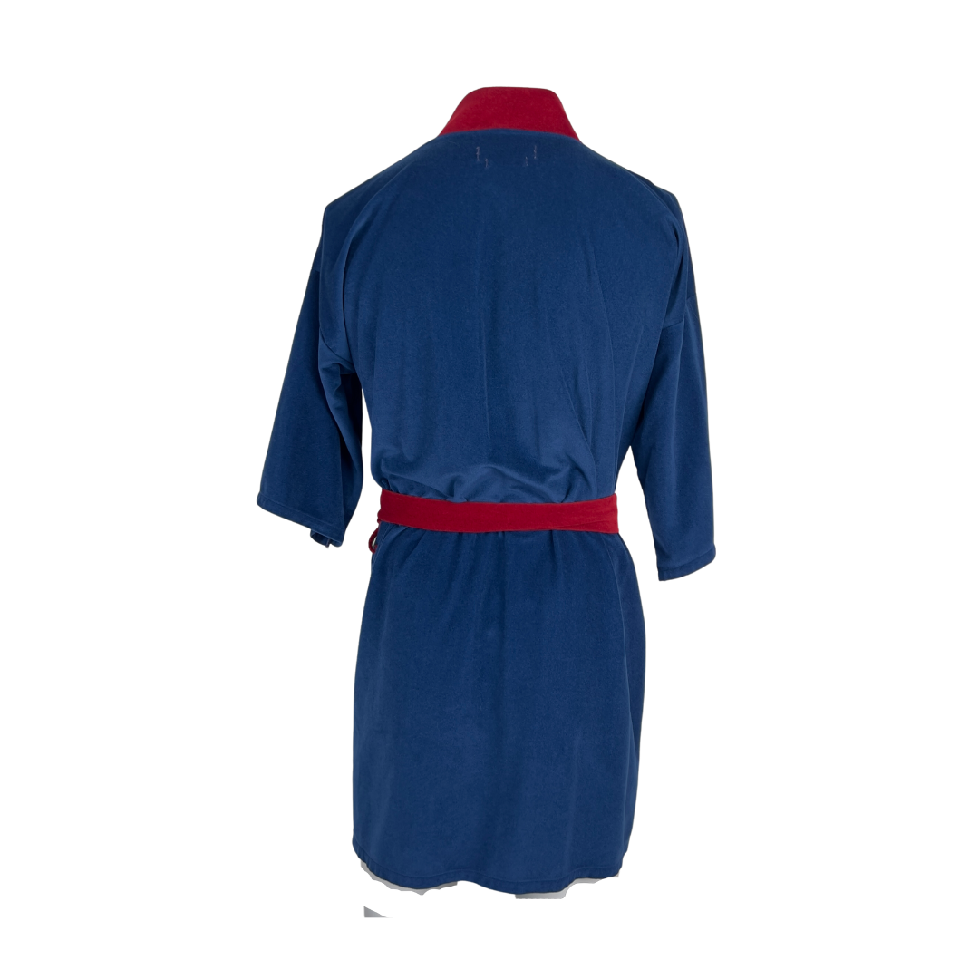 Men's Navy Velour Short Robe with Burgundy Trim