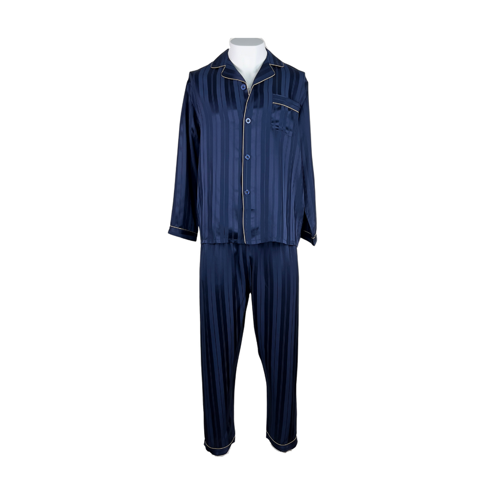 Navy Silk Pajama Set in Tonal Navy Stripes and White Piping