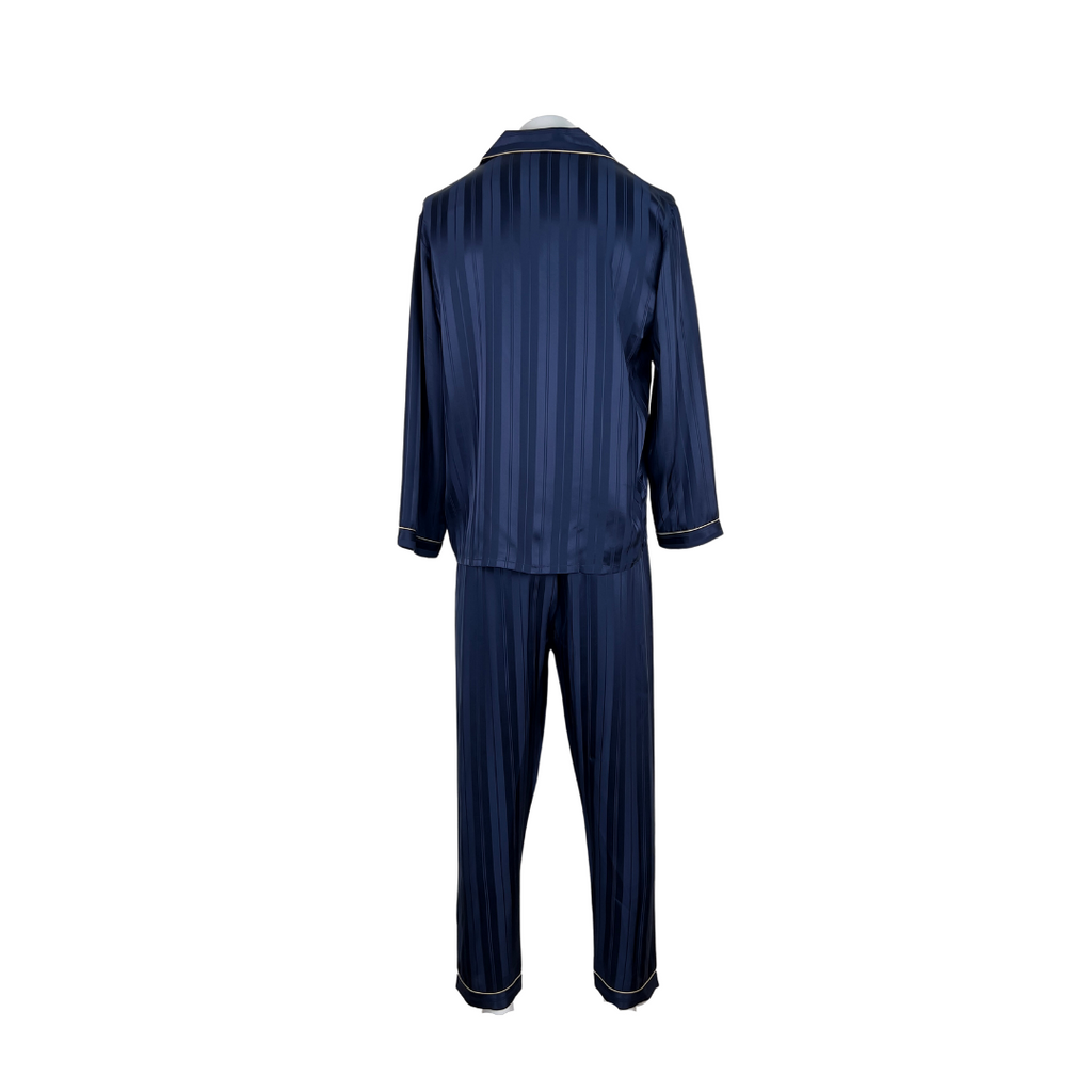 Navy Silk Pajama Set in Tonal Navy Stripes and White Piping