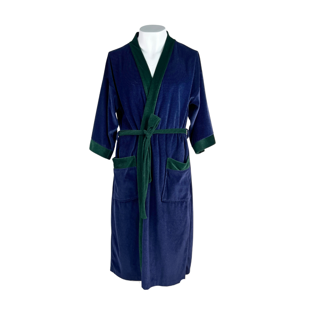 Men's Short Navy Velour Robe with Green Trim