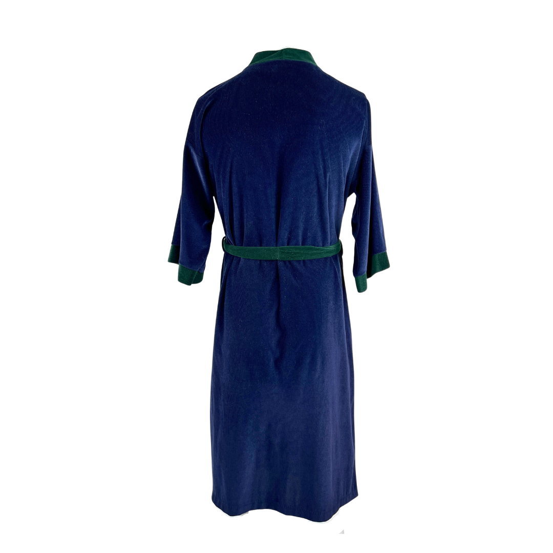 Men's Short Navy Velour Robe with Green Trim