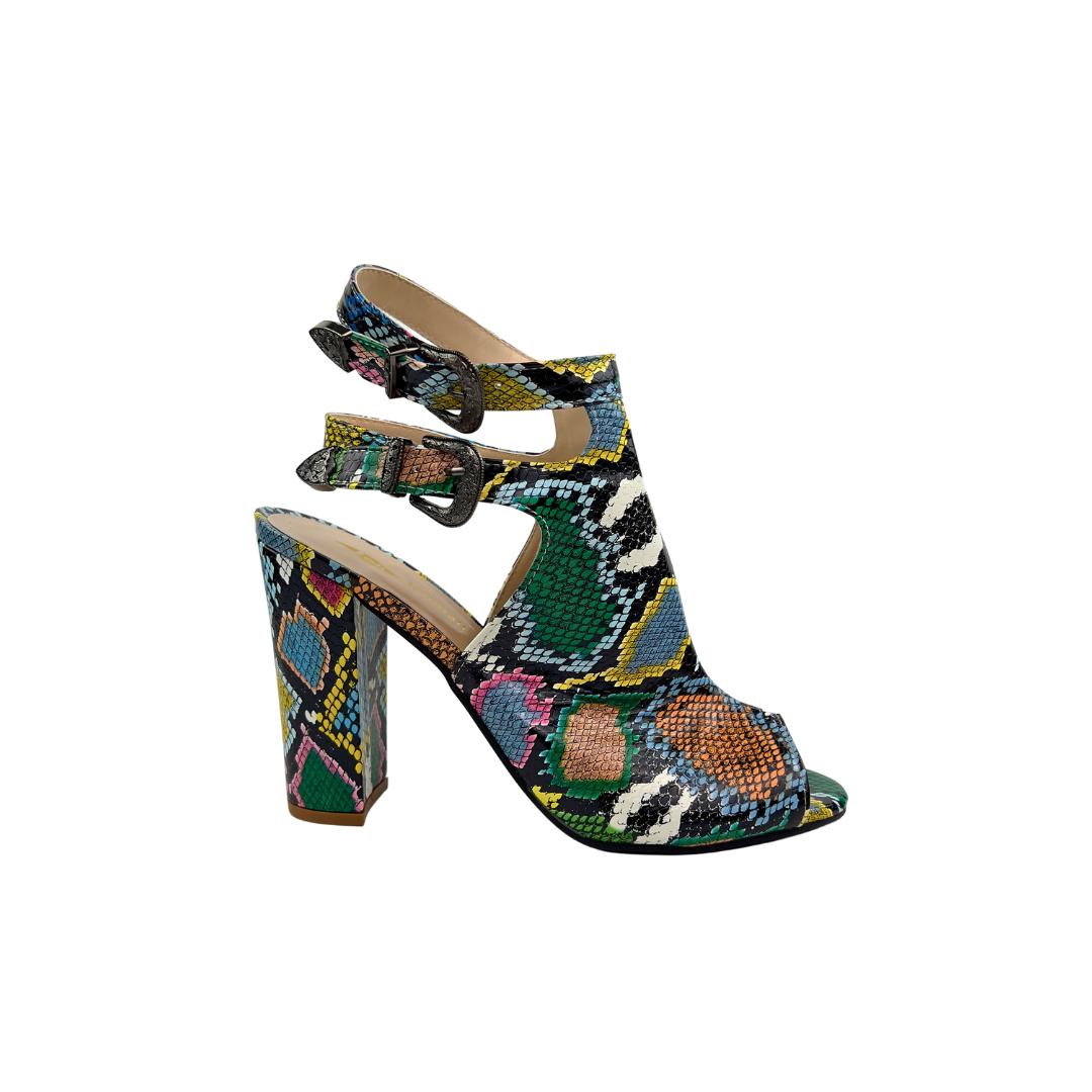 Multi Color Snakeskin Open Toe Heeled Bootie