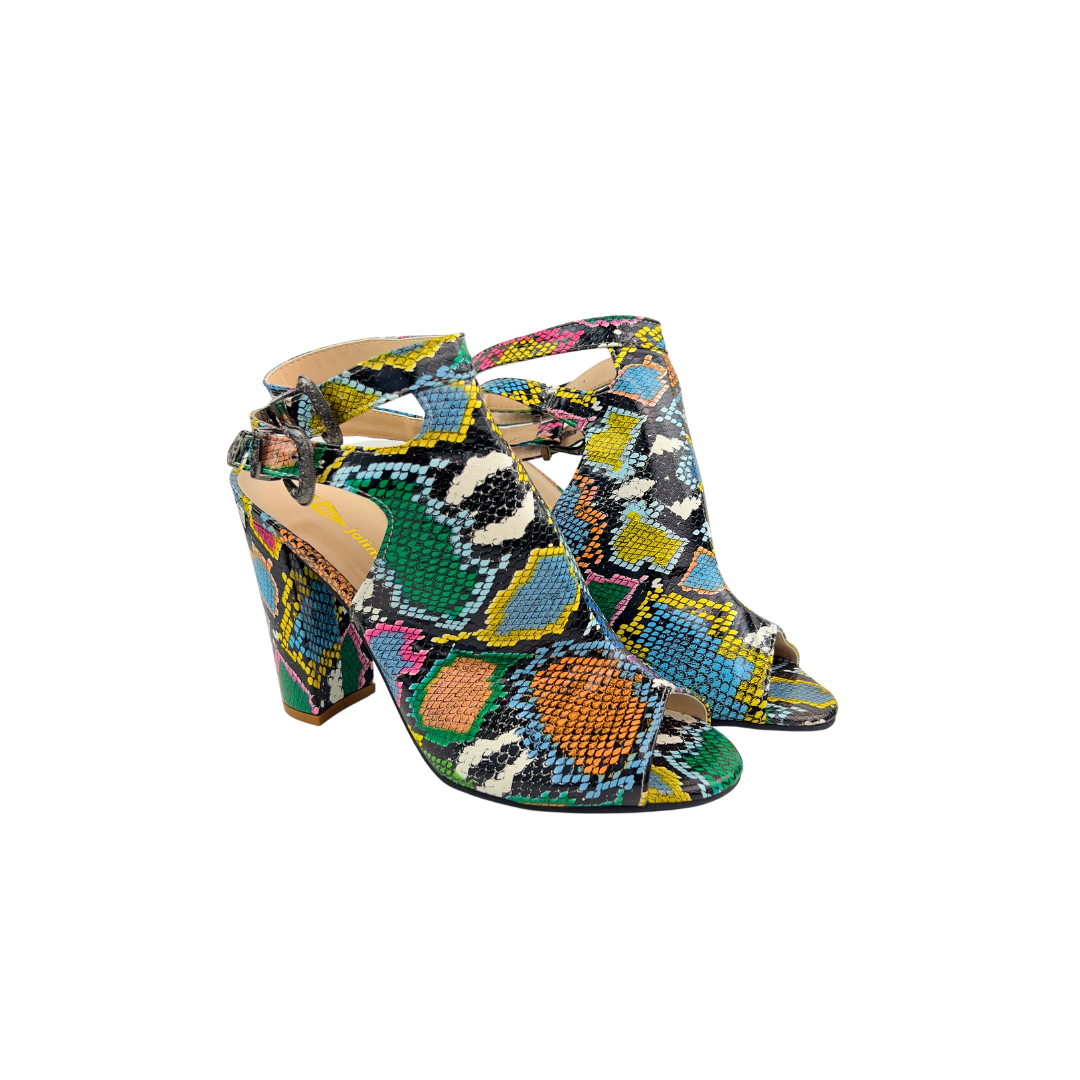 Multi Color Snakeskin Open Toe Heeled Bootie