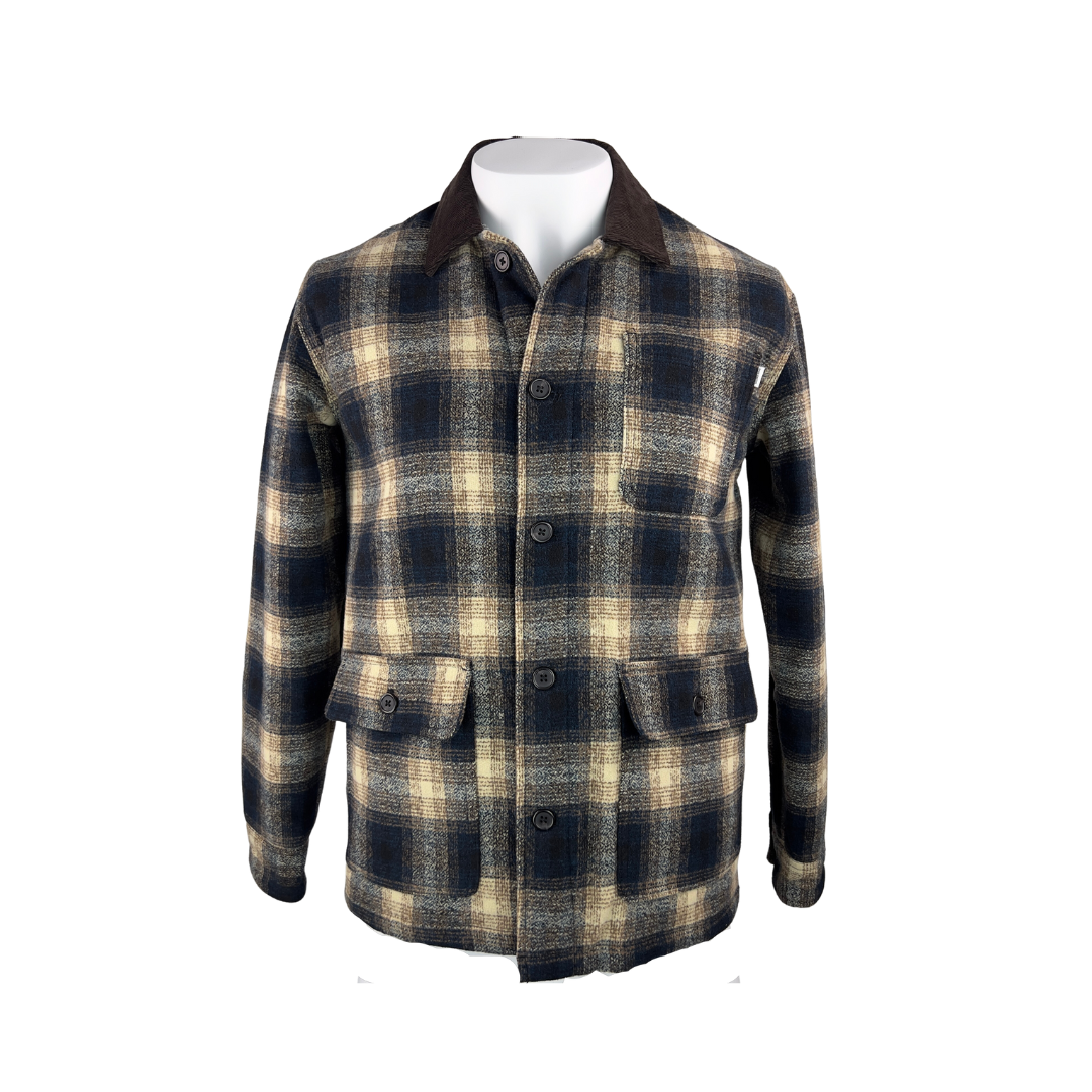 Frank and Oak navy and beige plaid jacket with Corduroy Collar