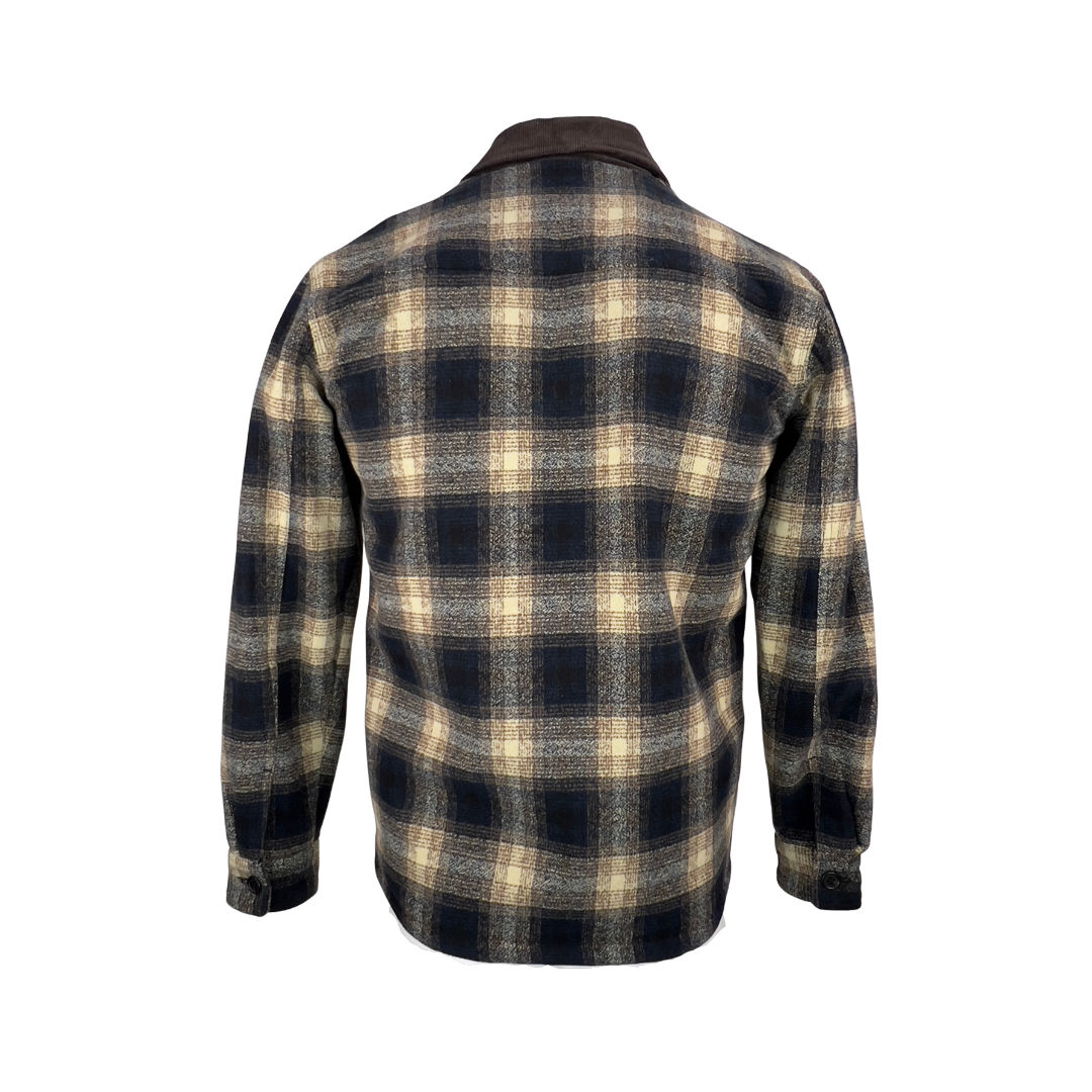 Frank and Oak navy and beige plaid jacket with Corduroy Collar