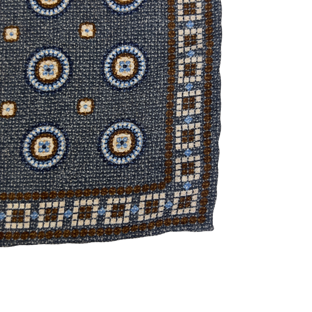 Edward Armah Silk Pocket Square in Grey, Blue and Brown Mosaic Print