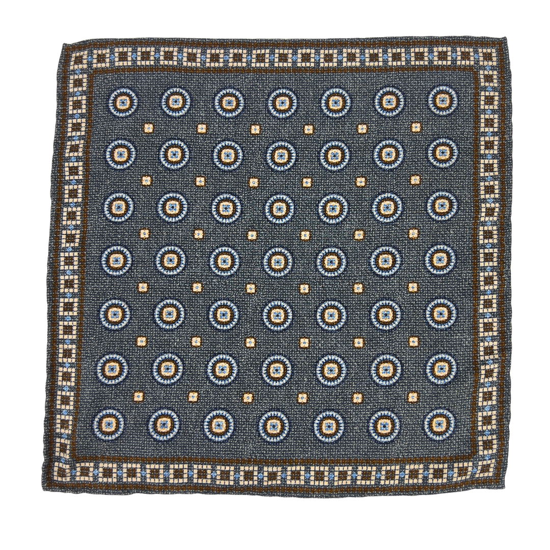 Edward Armah Silk Pocket Square in Grey, Blue and Brown Mosaic Print
