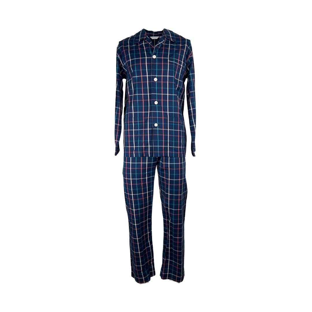 Derek Rose Cotton Navy Windowpane Check Pajama Set