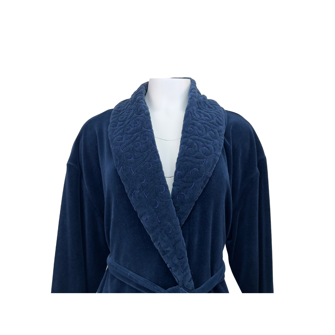 Long Blue Velvet Robe with Embroidery on Lapel