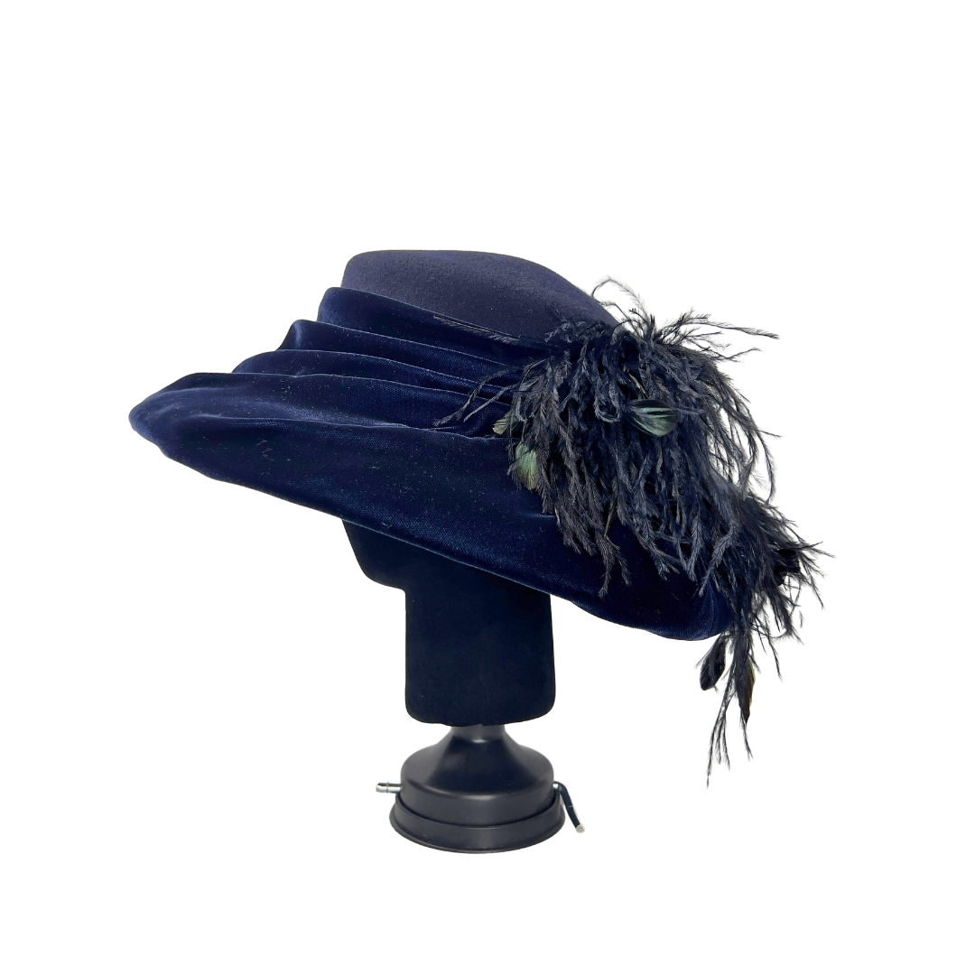 Vintage Navy Velvet Mushroom Hat with Feathers