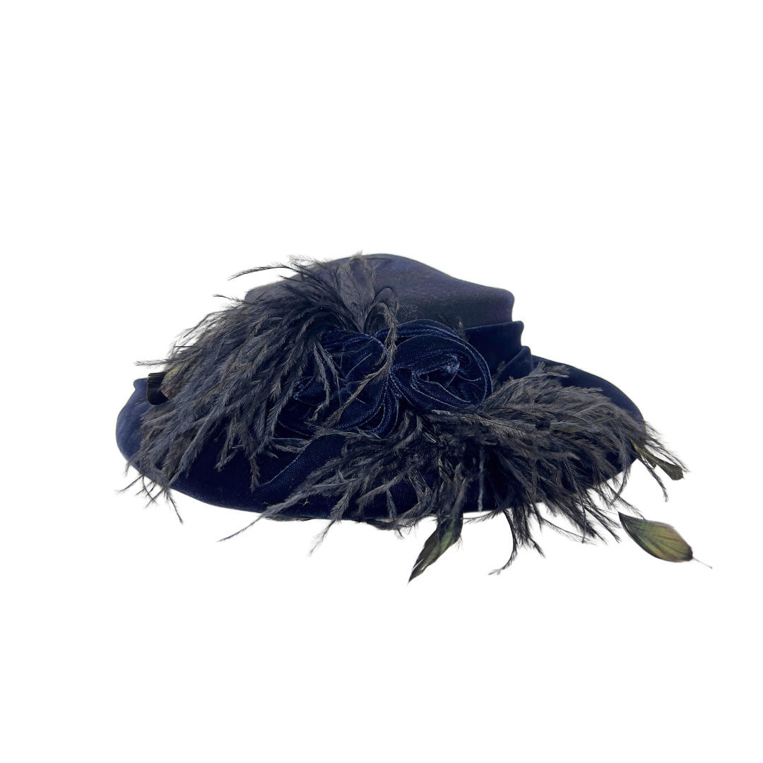 Vintage Navy Velvet Mushroom Hat with Feathers