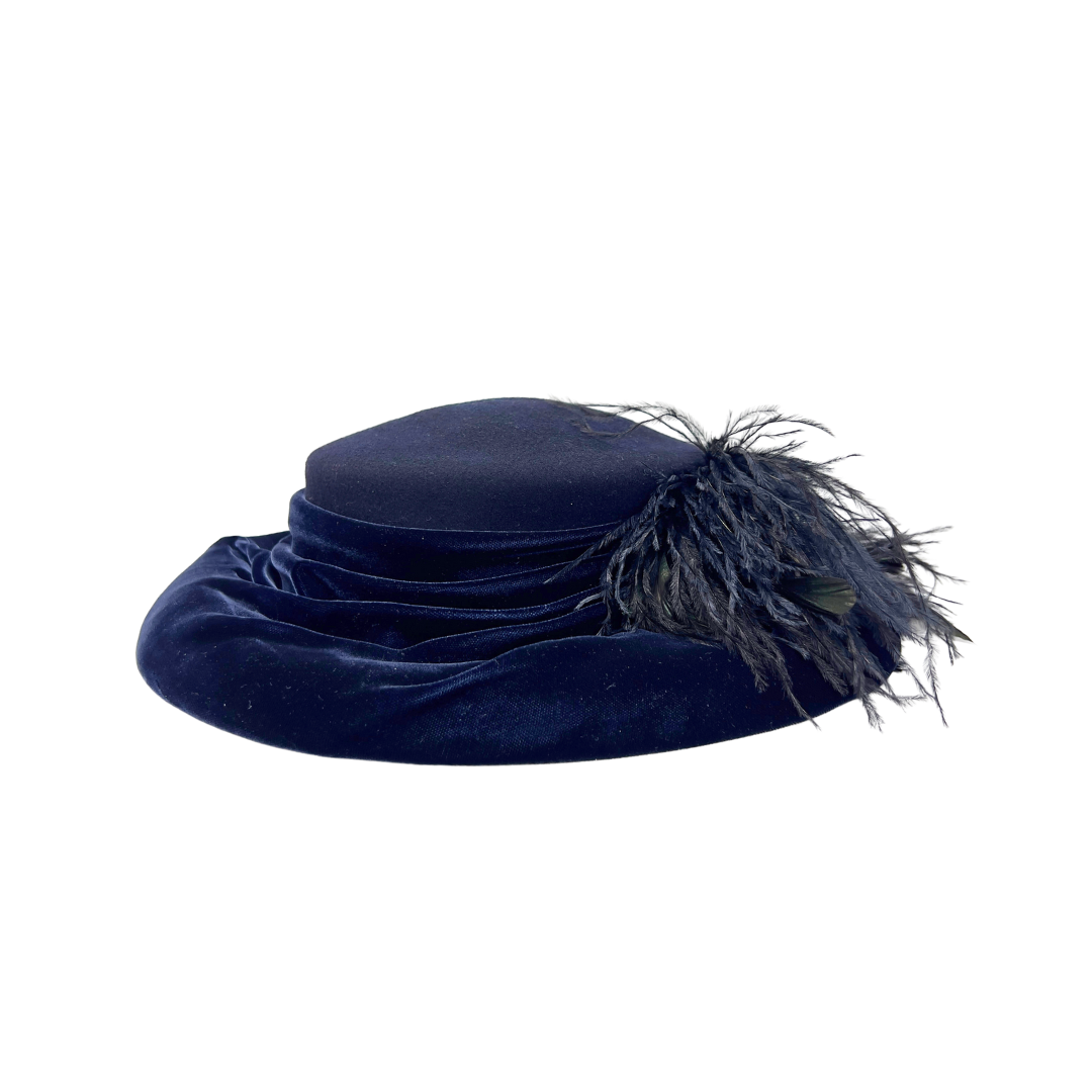 Vintage Navy Velvet Mushroom Hat with Feathers