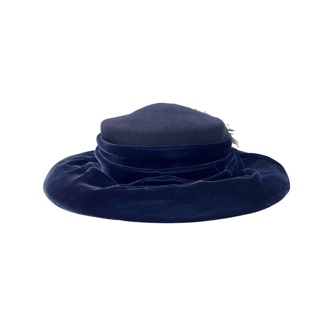 Vintage Navy Velvet Mushroom Hat with Feathers