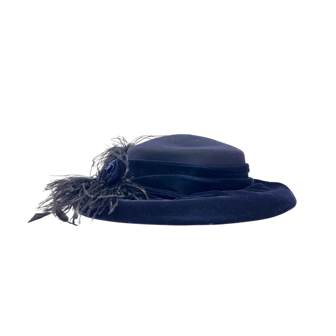 Vintage Navy Velvet Mushroom Hat with Feathers