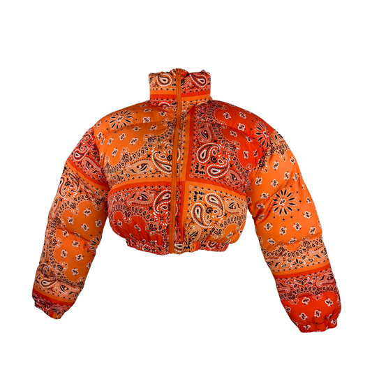 Orange Bandana Print Cropped Puffer Jacket