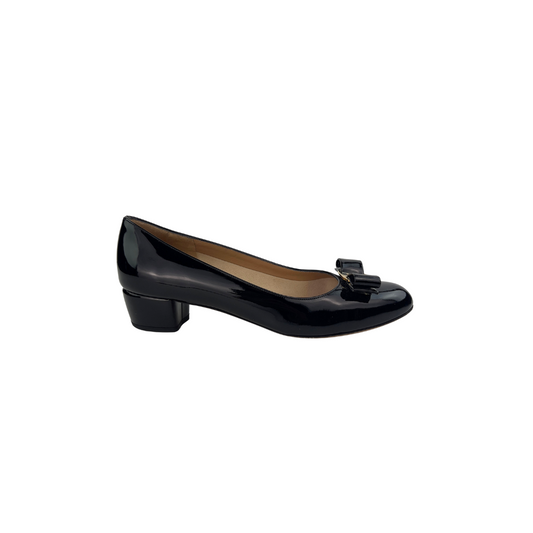 Patent Ferragamo Block Heel with Bow on Toes
